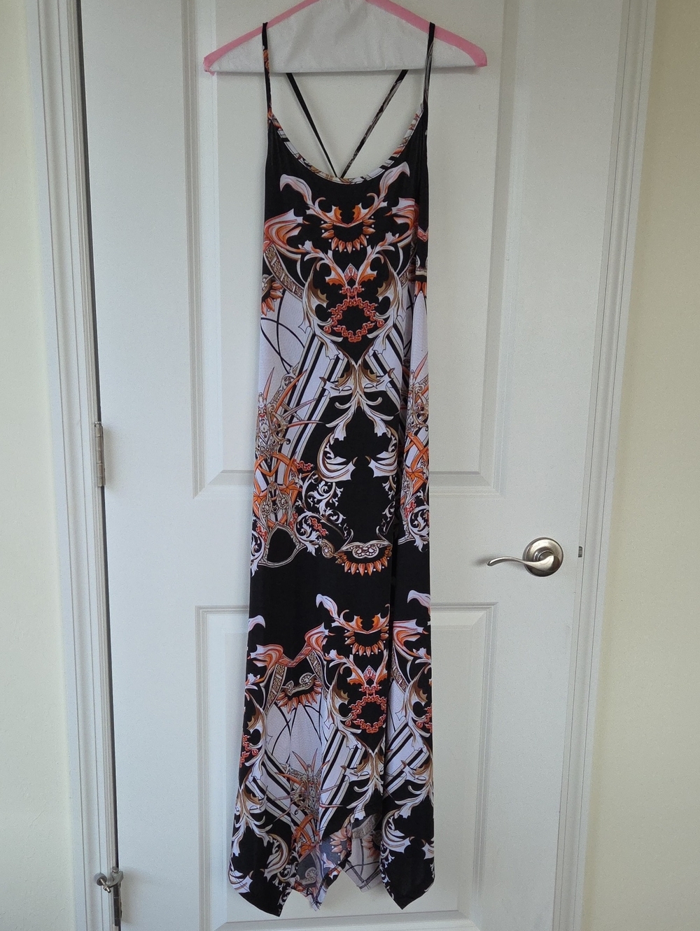 Women's Black Spaghetti-Strap Midi Dress with Orange Print